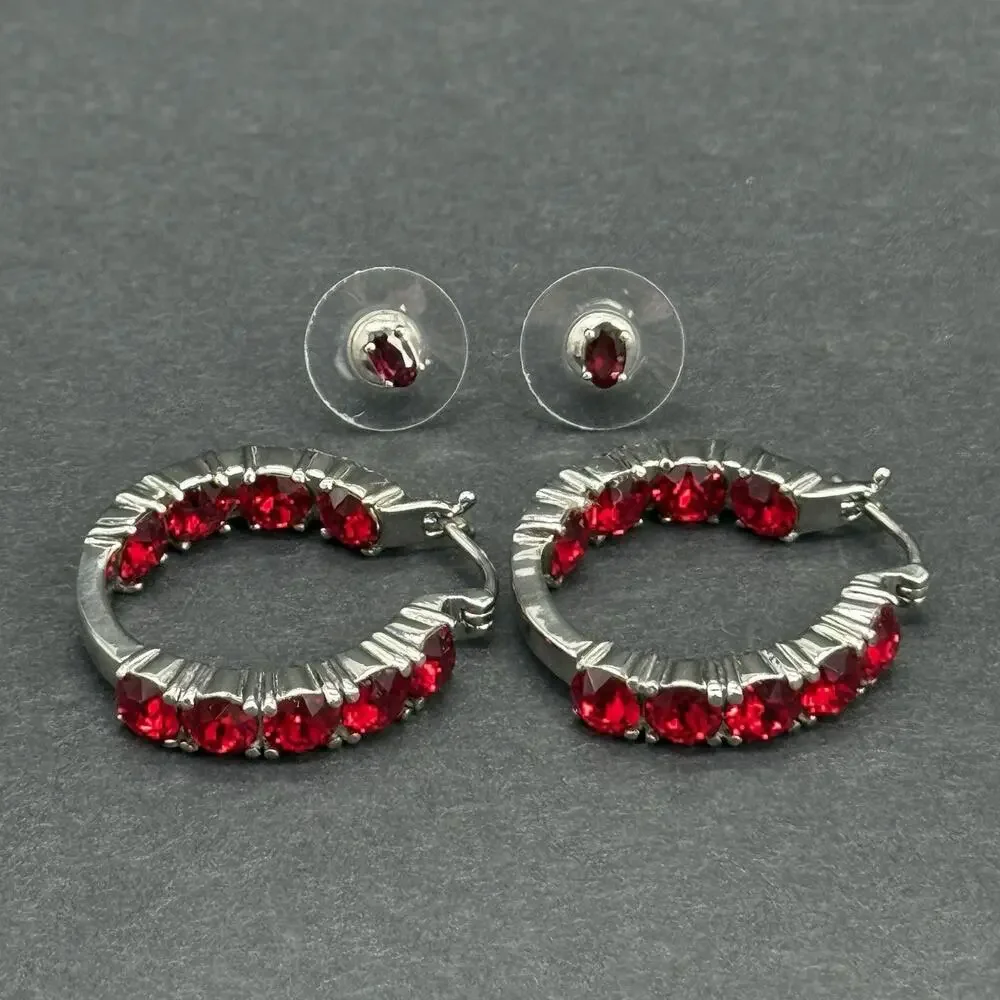 316L Surgical Stainless Steel Red Rhinestone Hoop & Stud Earrings Jewelry Lot